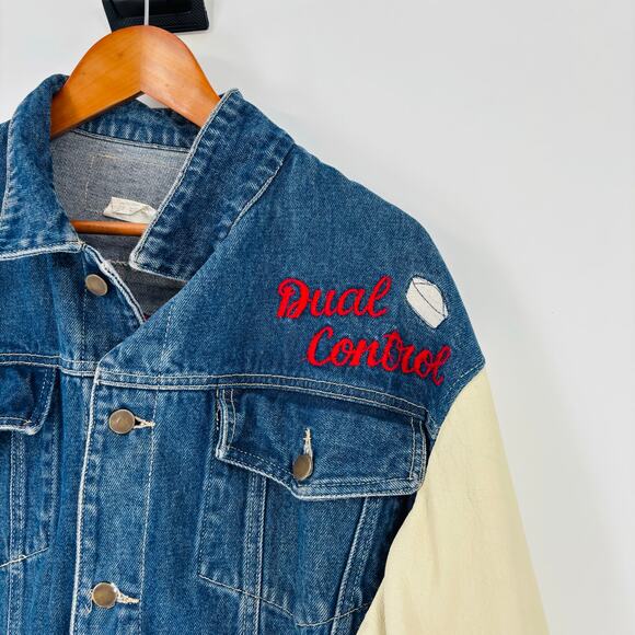 Vintage Dual Control Navy Boys Denim Jacket Small 90’s Leather Marines Embroider - Picture 4 of 9